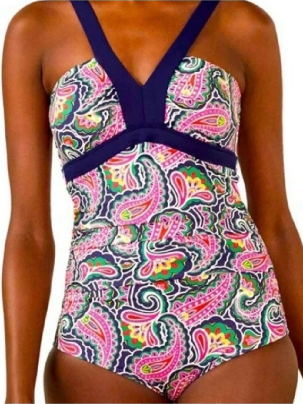 Boden Corsica V-Neck One Piece Swimsuit French Navy Summer Paisley Size 8 Long
